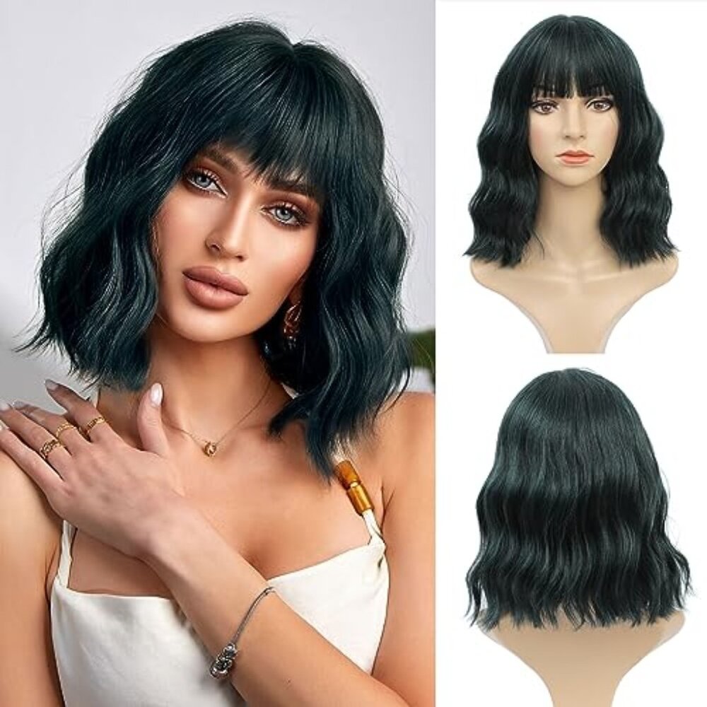 Black Green Wig with Bangs for Women Short Wavy Bob Wig Cosplay Wig Synthetic Wi